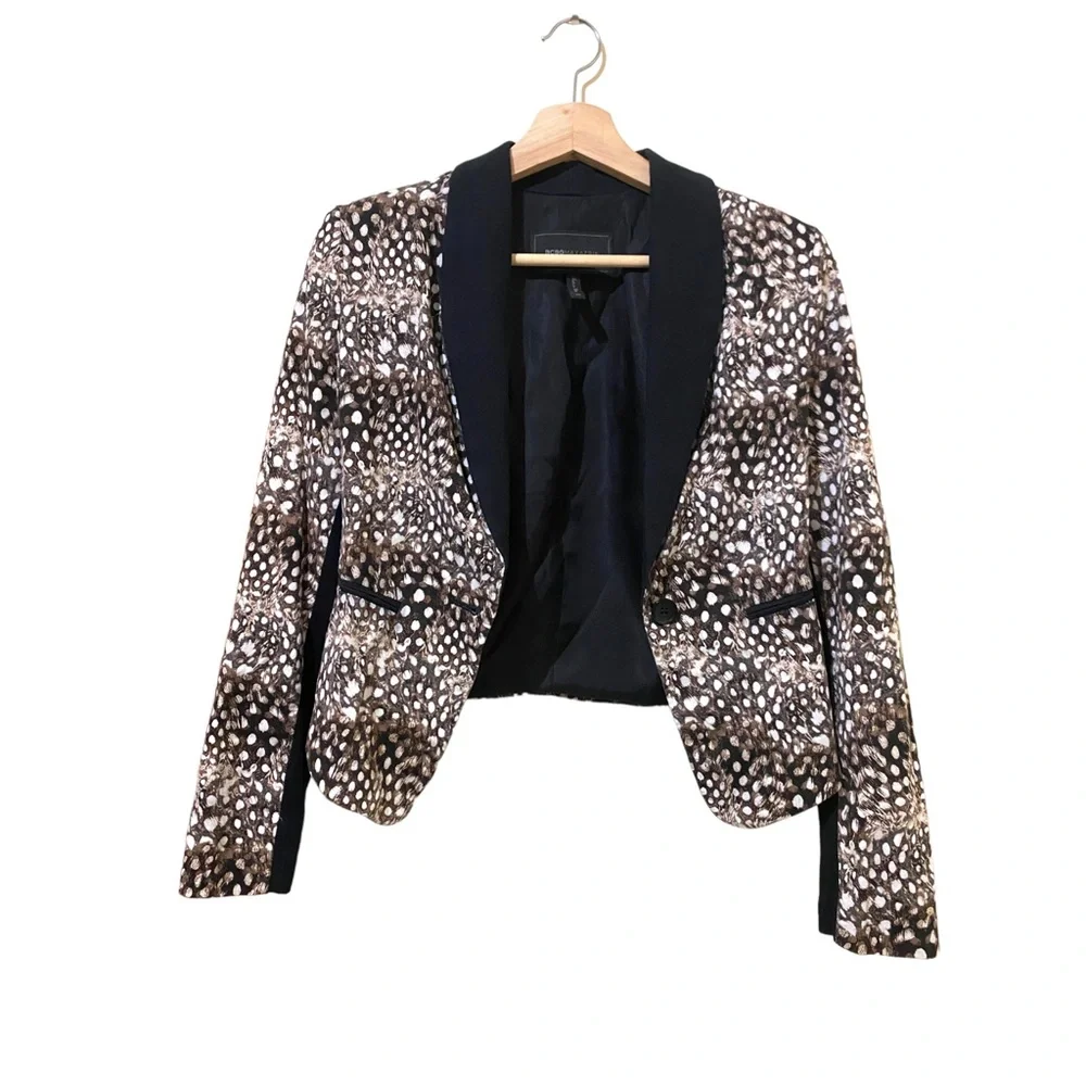 BCBGMAXAZRIA Shawl collar cropped brown cheetah/ feather print blazer - Picture 2 of 16